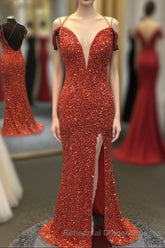 Orange Sparkly Spaghetti Straps Sequins Long Semi Formal Prom Dress with Slit